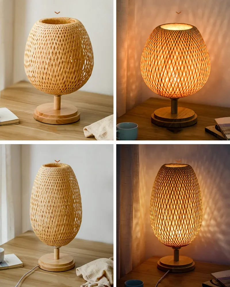 Luminária Bambu Trançado Madeira Rattan Mesa Quarto