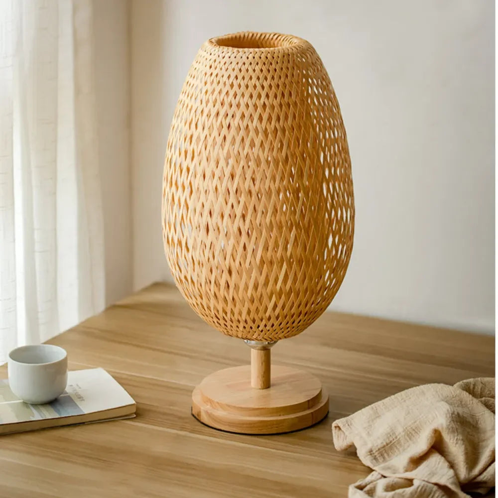 Luminária Bambu Trançado Madeira Rattan Mesa Quarto