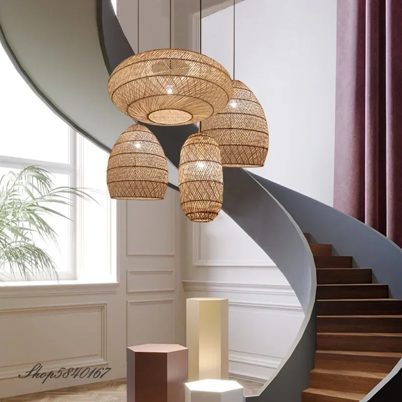 Pendente de Rattan Natural Tecido à Mão Estilo Chinês para Sala