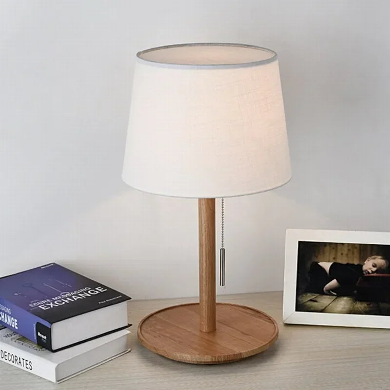 Abajur Custom Modern Nordic Luxo Casa Sala de Estar Quarto Decoração Round Fabric Wood Base Cloth Table Lamp