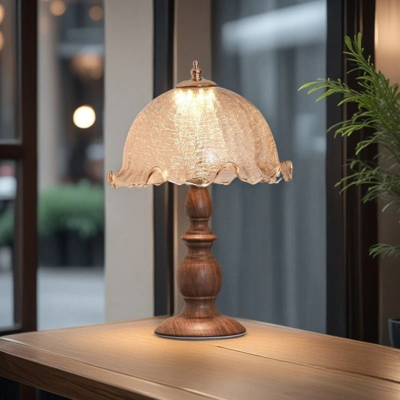 Luminária Madeira Coluna Romana Vidro Floral LED Sala