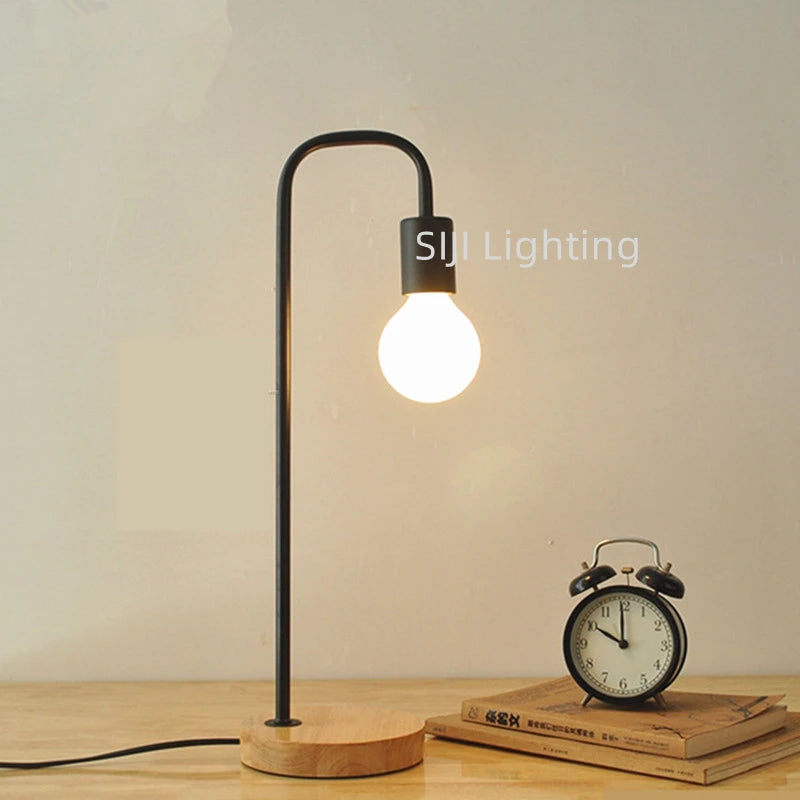 Luminária de Mesa Loft Industrial Base Madeira E27 – Vintage para Sala e Escritório