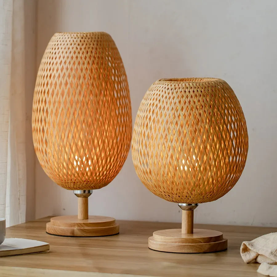 Luminária Bambu Trançado Madeira Rattan Mesa Quarto