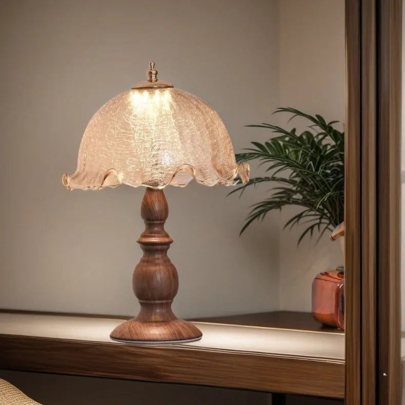 Luminária Madeira Coluna Romana Vidro Floral LED Sala