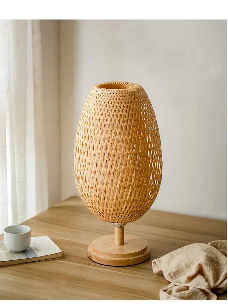 Luminária Bambu Trançado Madeira Rattan Mesa Quarto