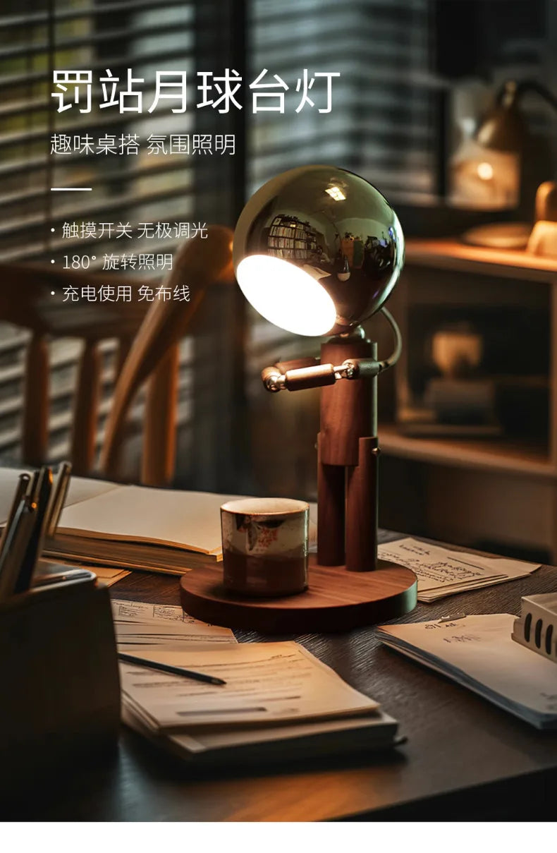 Luminária de Mesa Lua Madeira Recarregável USB – Dimmer Contínuo