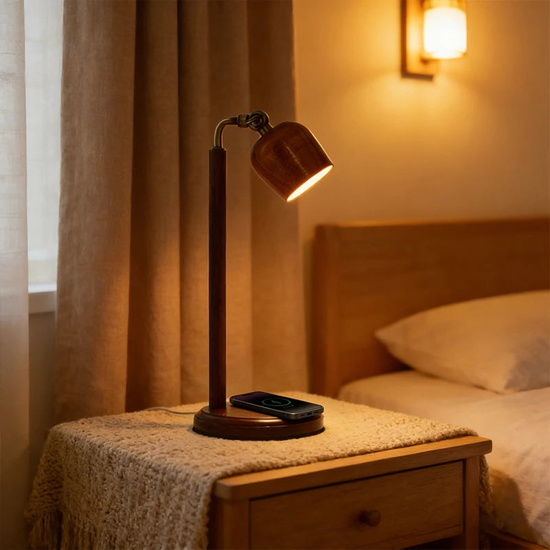 Luminária de Mesa Madeira com Carregador Qi Sem Fio 15W – 3 Cores LED