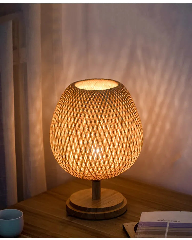Luminária Bambu Trançado Madeira Rattan Mesa Quarto