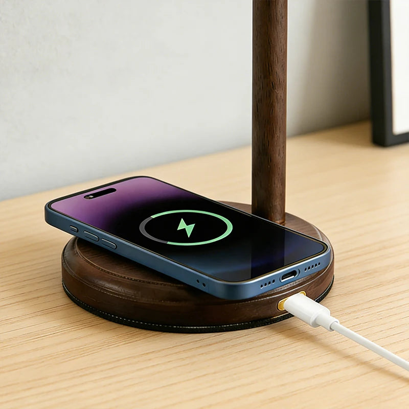 Luminária de Mesa Madeira com Carregador Qi Sem Fio 15W – 3 Cores LED