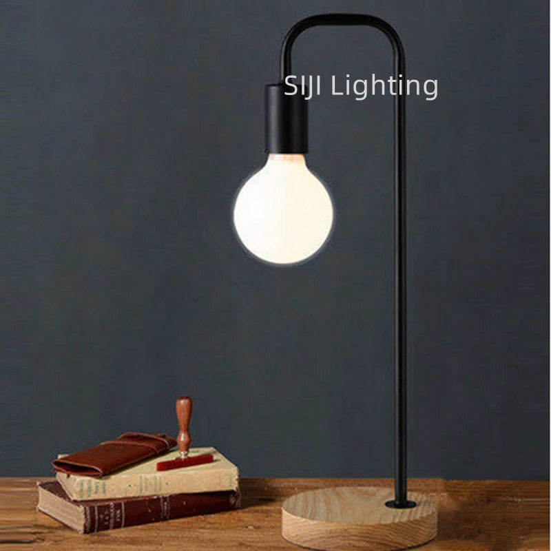 Luminária de Mesa Loft Industrial Base Madeira E27 – Vintage para Sala e Escritório