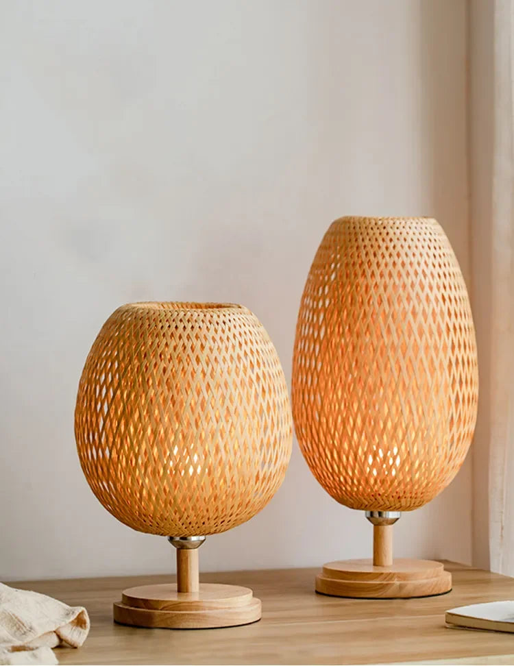 Luminária Bambu Trançado Madeira Rattan Mesa Quarto