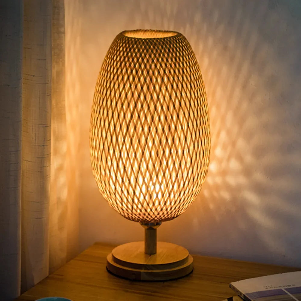 Luminária Bambu Trançado Madeira Rattan Mesa Quarto