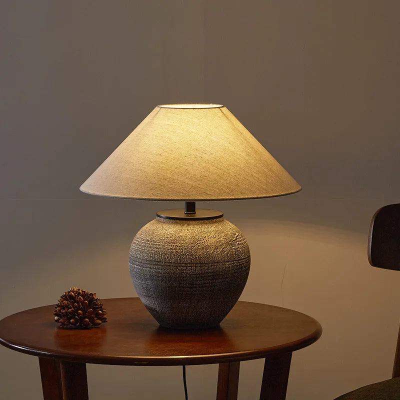 Luminária Cerâmica Retrô Linho Wabi-Sabi Sala Escritório