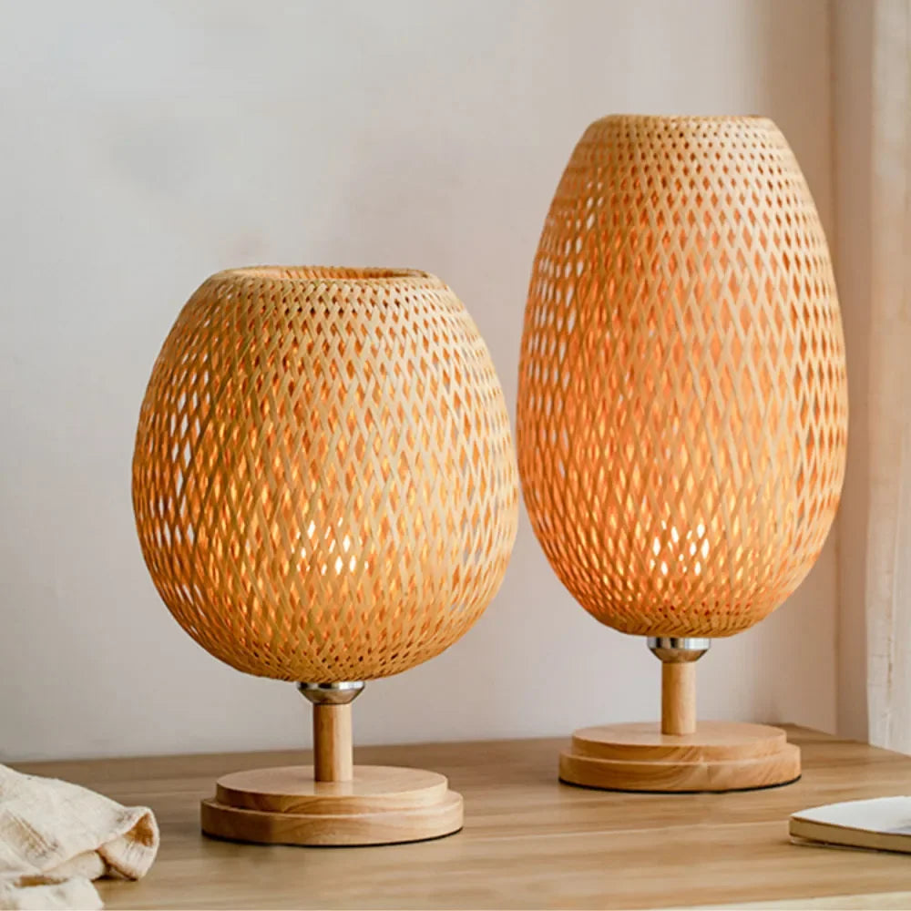 Luminária Bambu Trançado Madeira Rattan Mesa Quarto