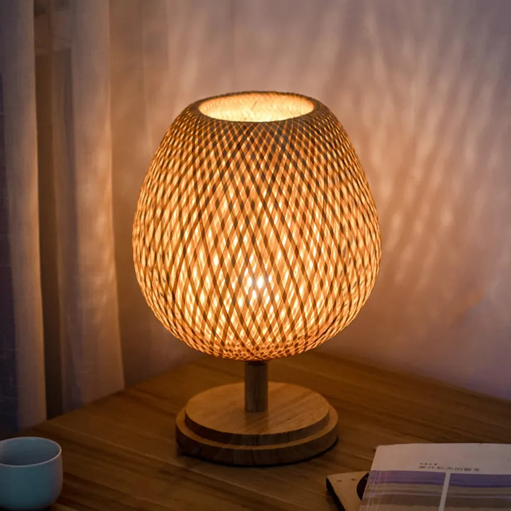 Luminária Bambu Trançado Madeira Rattan Mesa Quarto