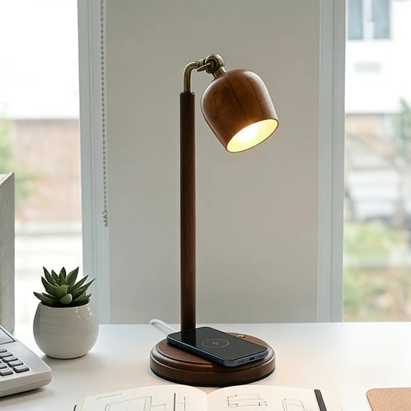 Luminária de Mesa Madeira com Carregador Qi Sem Fio 15W – 3 Cores LED
