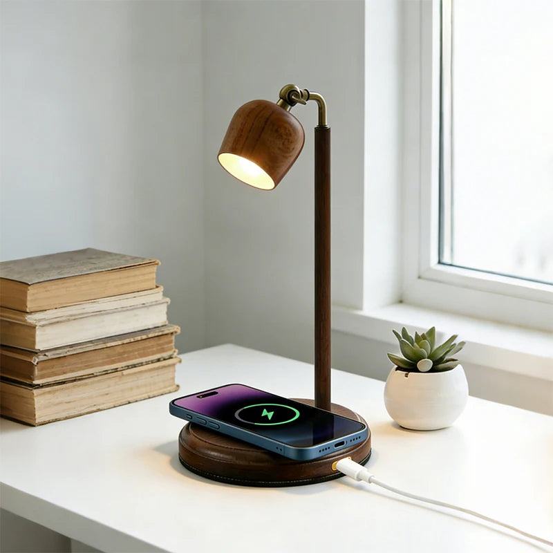 Luminária de Mesa Madeira com Carregador Qi Sem Fio 15W – 3 Cores LED