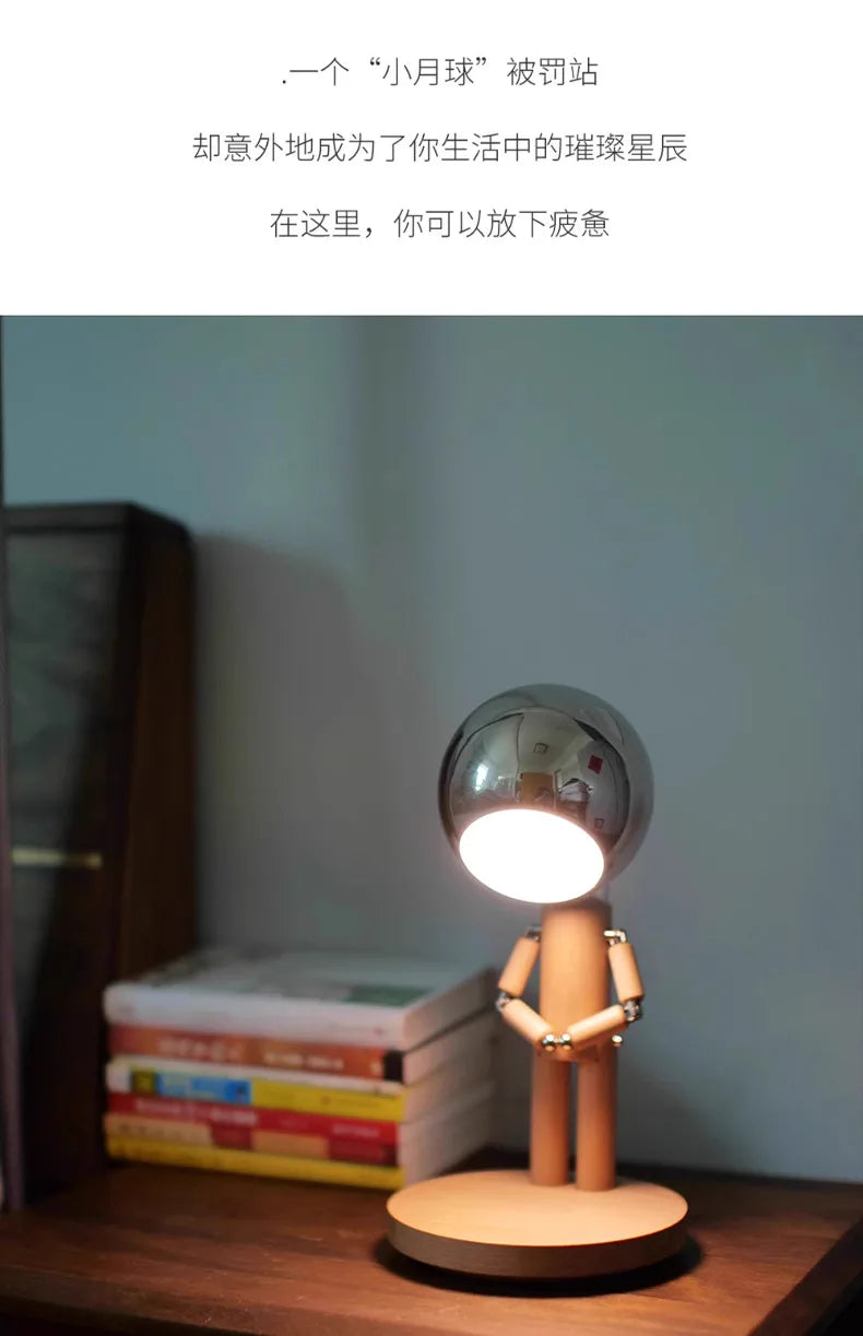 Luminária de Mesa Lua Madeira Recarregável USB – Dimmer Contínuo