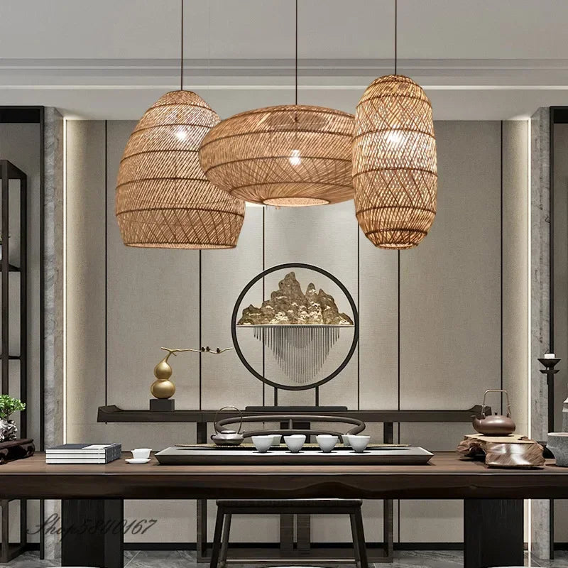 Pendente de Rattan Natural Tecido à Mão Estilo Chinês para Sala