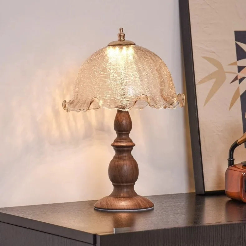 Luminária Madeira Coluna Romana Vidro Floral LED Sala