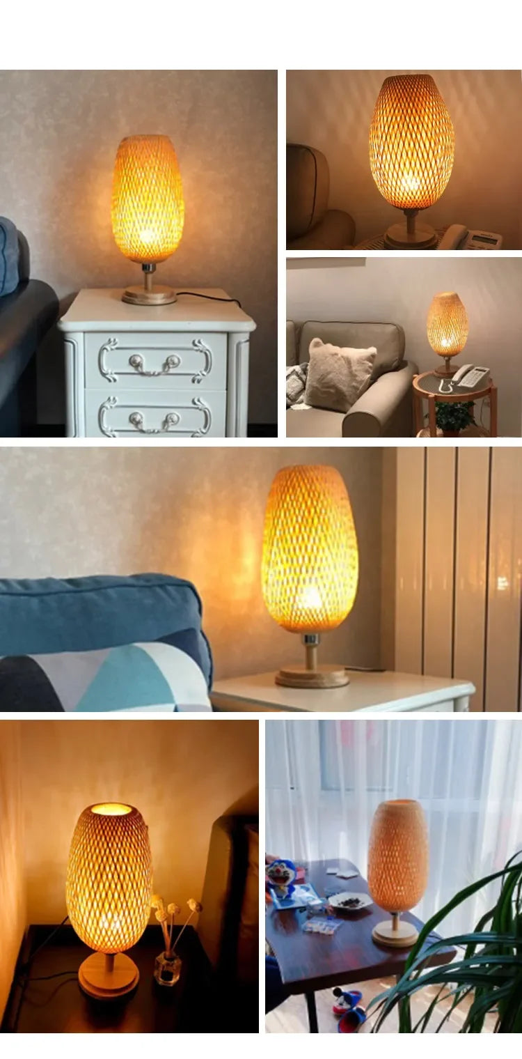 Luminária Bambu Trançado Madeira Rattan Mesa Quarto