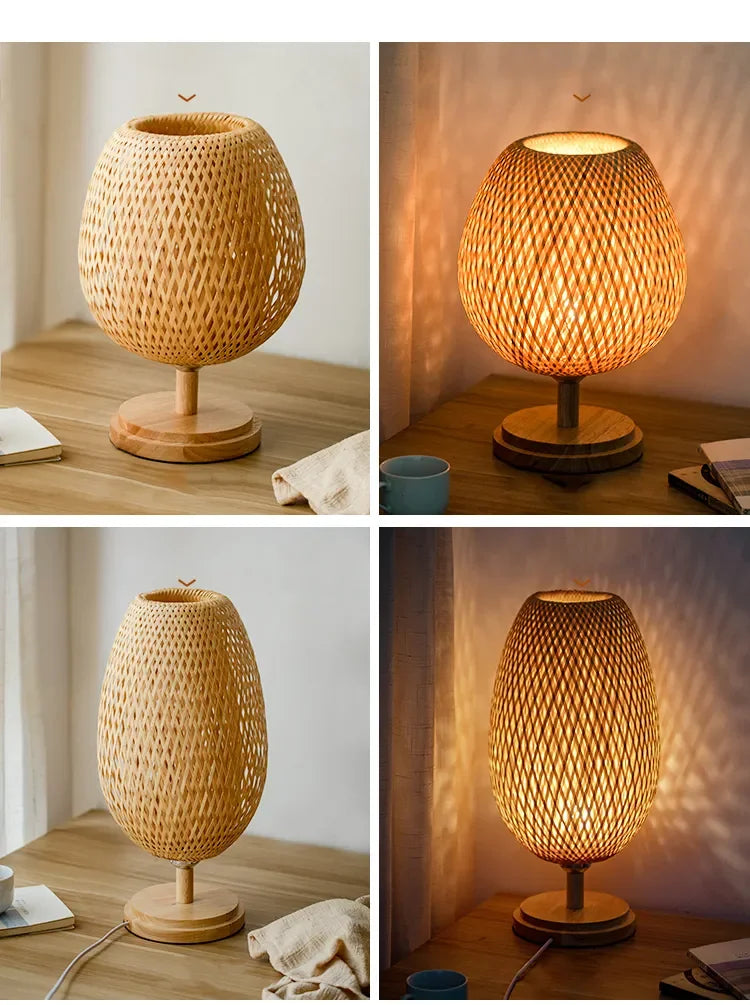 Luminária Bambu Trançado Madeira Rattan Mesa Quarto