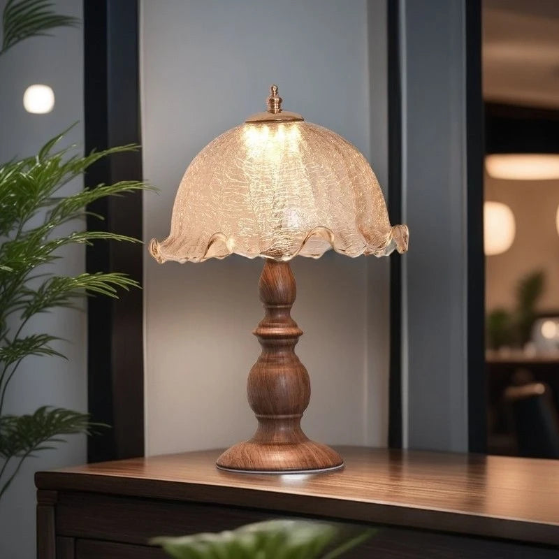 Luminária Madeira Coluna Romana Vidro Floral LED Sala